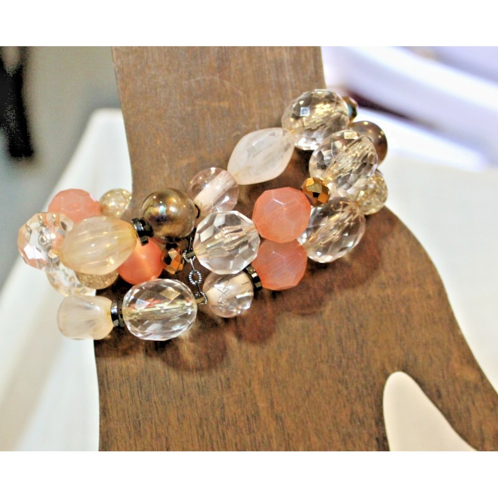Chunky Faceted Bead Stretch Bracelet Peach Clear Smokey Gray Gold Tone Accent